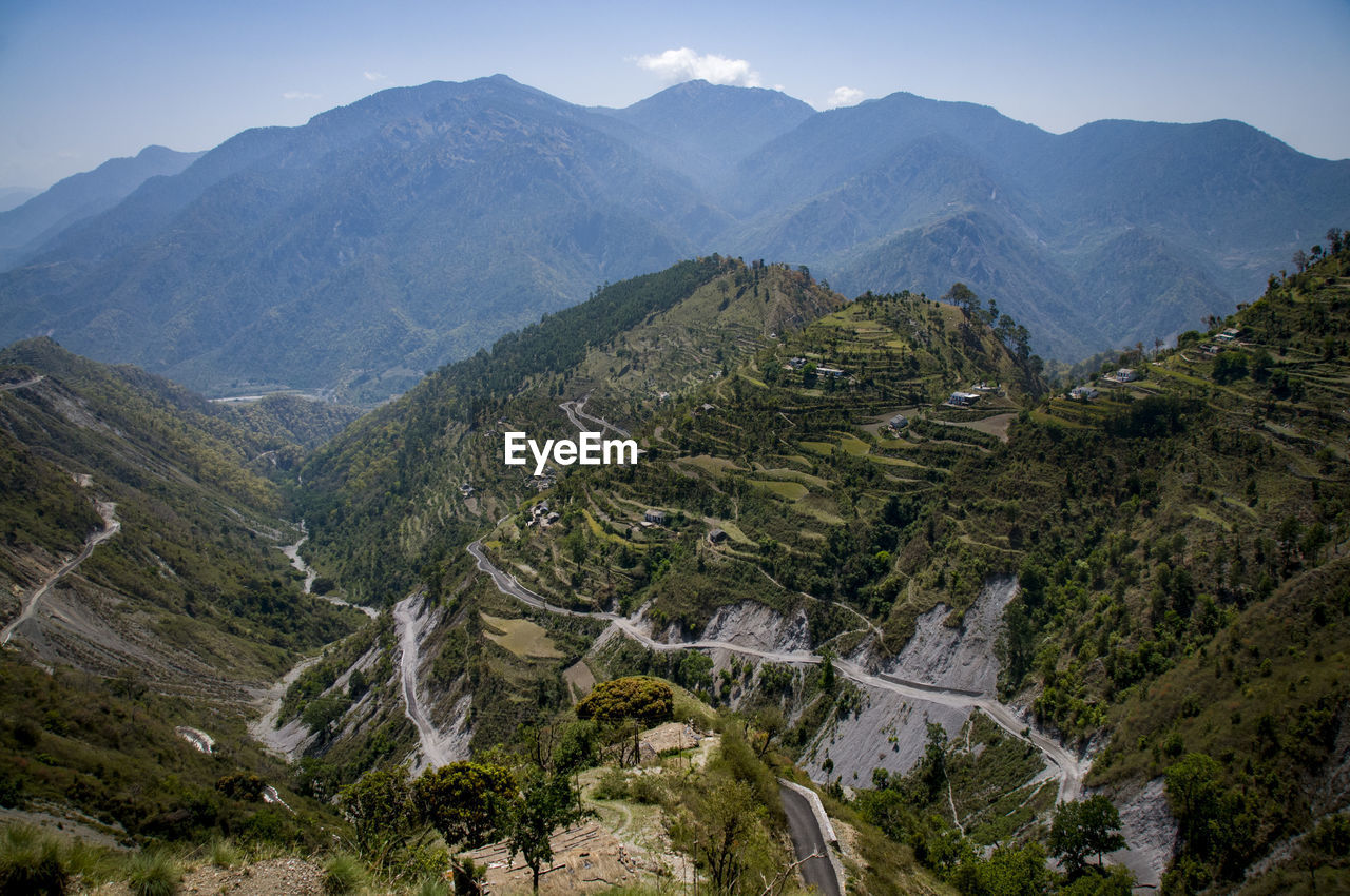 High angle view of mountain road against sky