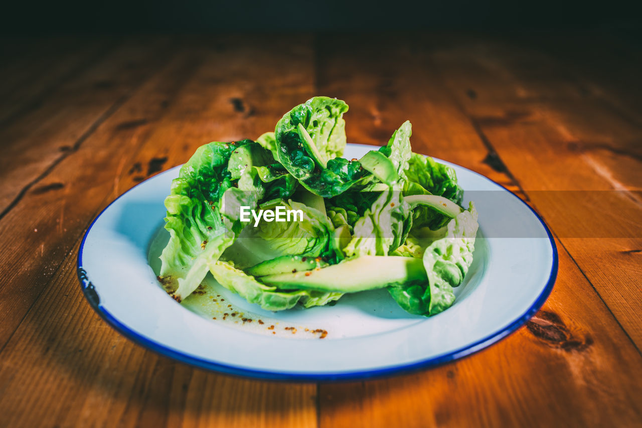 High angle view of salad in plate on table