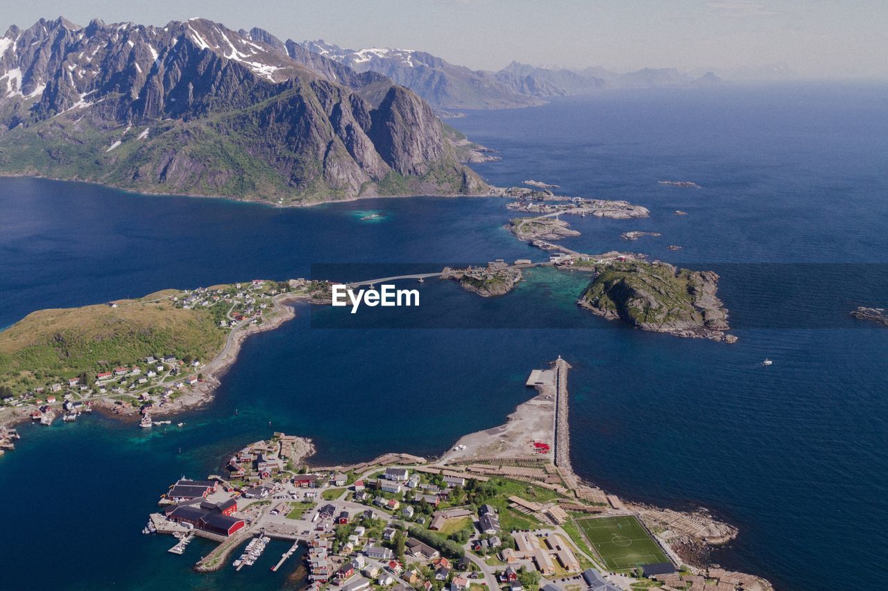 High angle view of town by sea