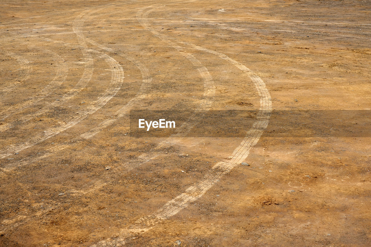 Tire tread marks on the ground as a backdrop.