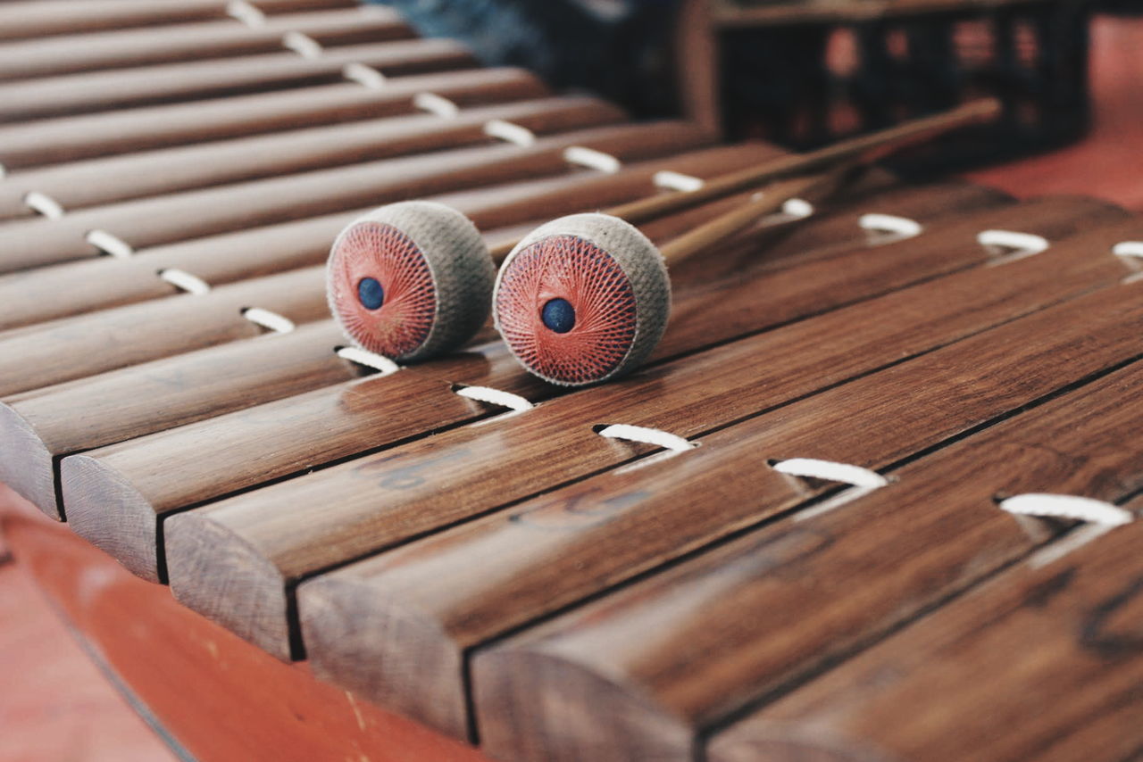 High angle view of mallet on xylophone