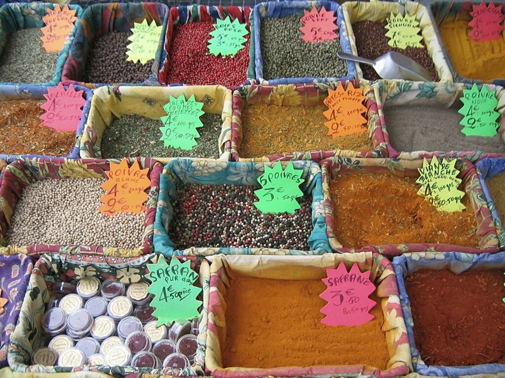 High angle view of various spice for sale at market stall