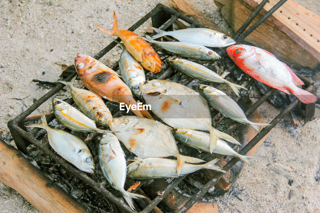 HIGH ANGLE VIEW OF FISH ON BARBECUE