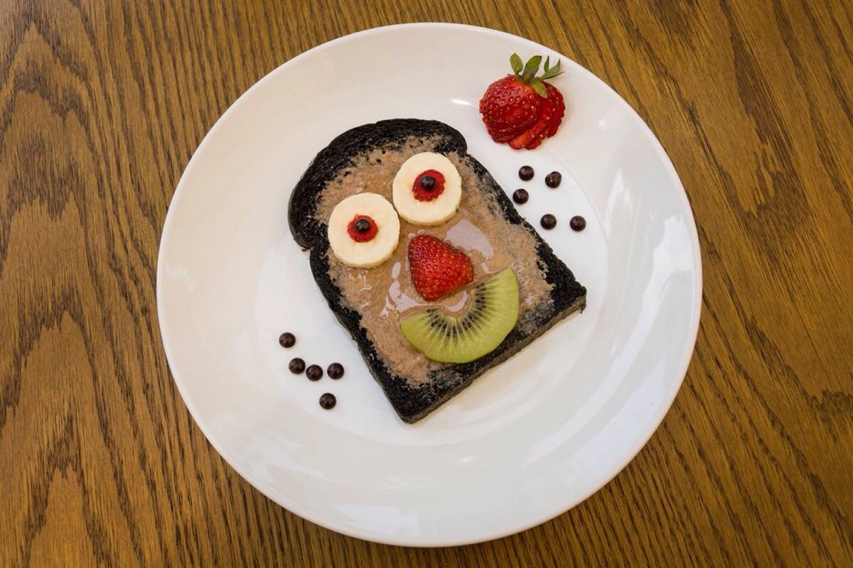 High angle view of anthropomorphic face made from food