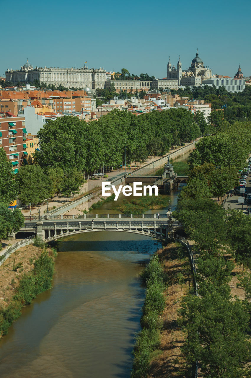 Landscape with the royal palace, almudena cathedral and manzanares river, in madrid, spain.