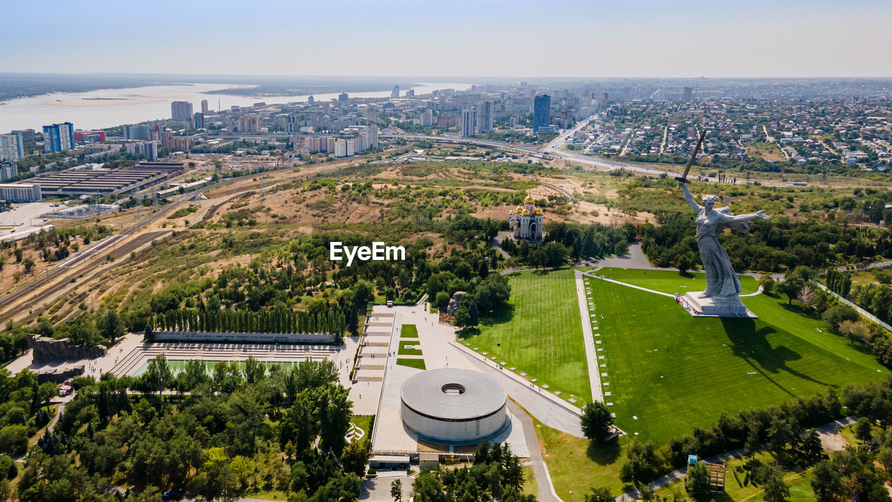 Volgograd, russia. aerial view of the statue the motherland calls .the mamaev hill 