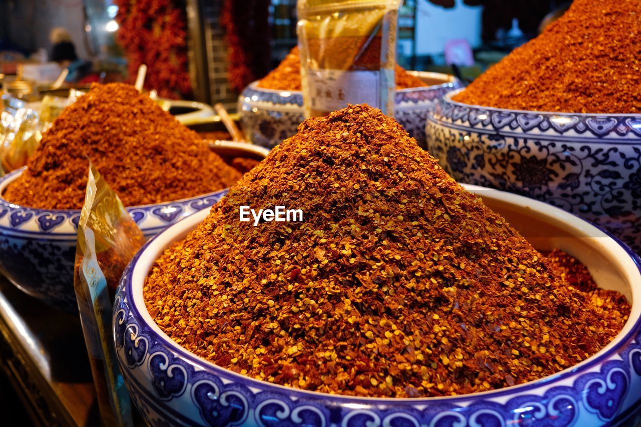 CLOSE-UP OF SPICES FOR SALE IN MARKET