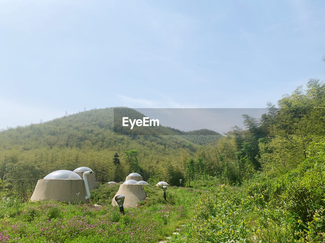 REAR VIEW OF PEOPLE RELAXING ON LAND AGAINST SKY