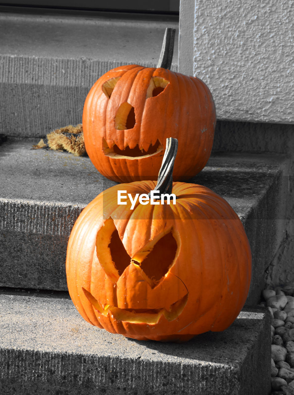 Close-up of pumpkins on retaining wall