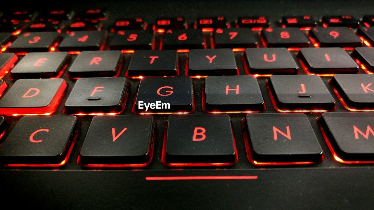 Close-up of illuminated computer keyboard