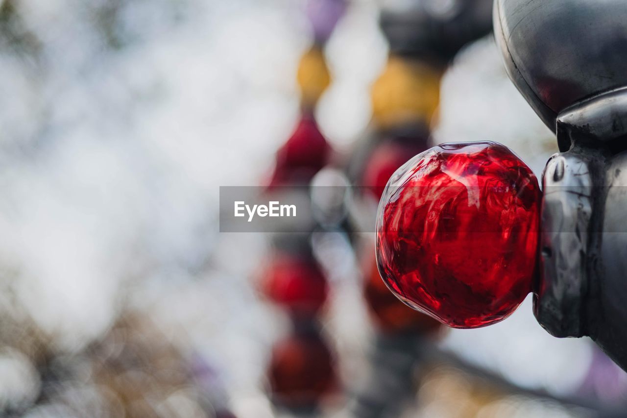 red, close-up, macro photography, focus on foreground, celebration, flower, no people, holiday, christmas, outdoors, christmas decoration