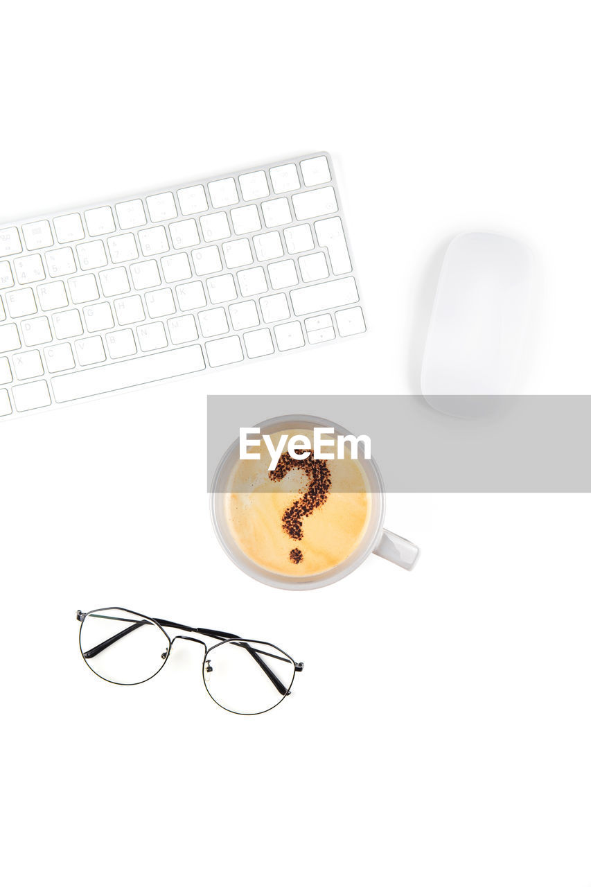 coffee, computer, coffee cup, mug, computer equipment, computer keyboard, cup, food and drink, drink, keyboard, technology, communication, wireless technology, refreshment, eyeglasses, indoors, studio shot, business, no people, food, laptop, glasses, still life, hot drink, table, high angle view, copy space, directly above, computer mouse