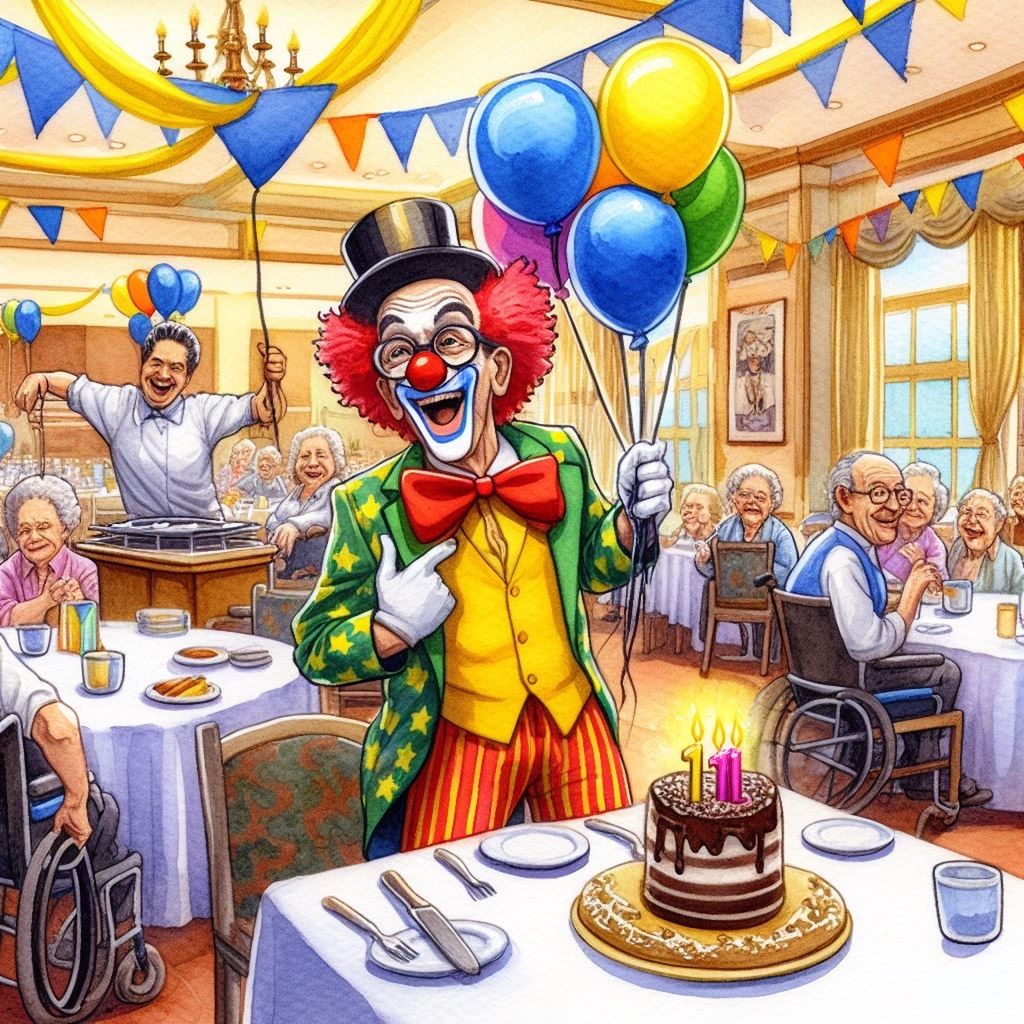 cartoon, men, table, person, fast food, adult, celebration, food and drink, event, clothing, amusement park, food, happiness, smiling, women, architecture, clown, fun, multi colored