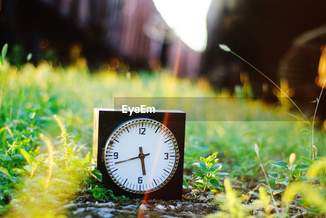 Close-up of clock on field