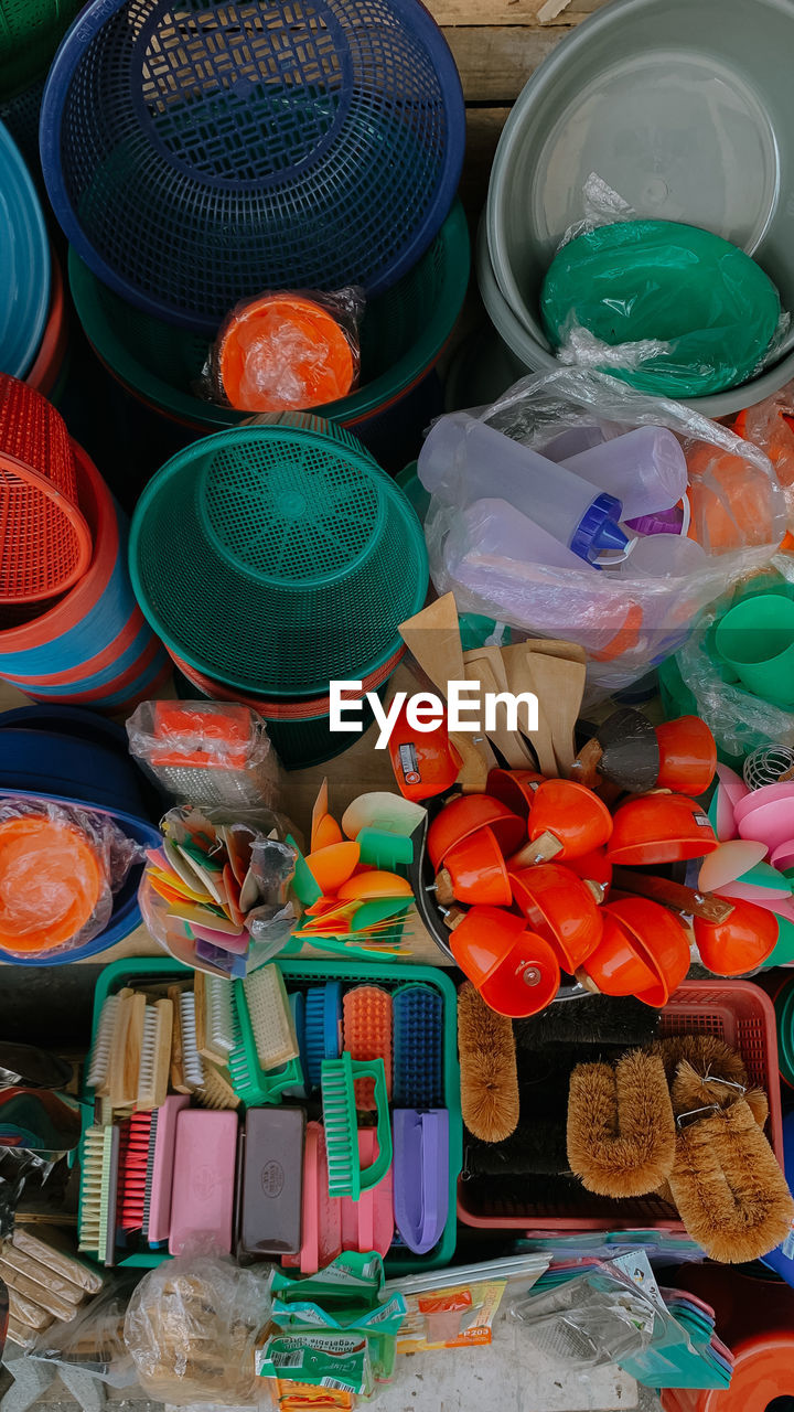 high angle view of food for sale at market stall