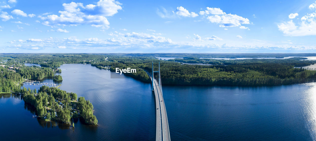 HIGH ANGLE VIEW OF RIVER BY TREES AGAINST SKY