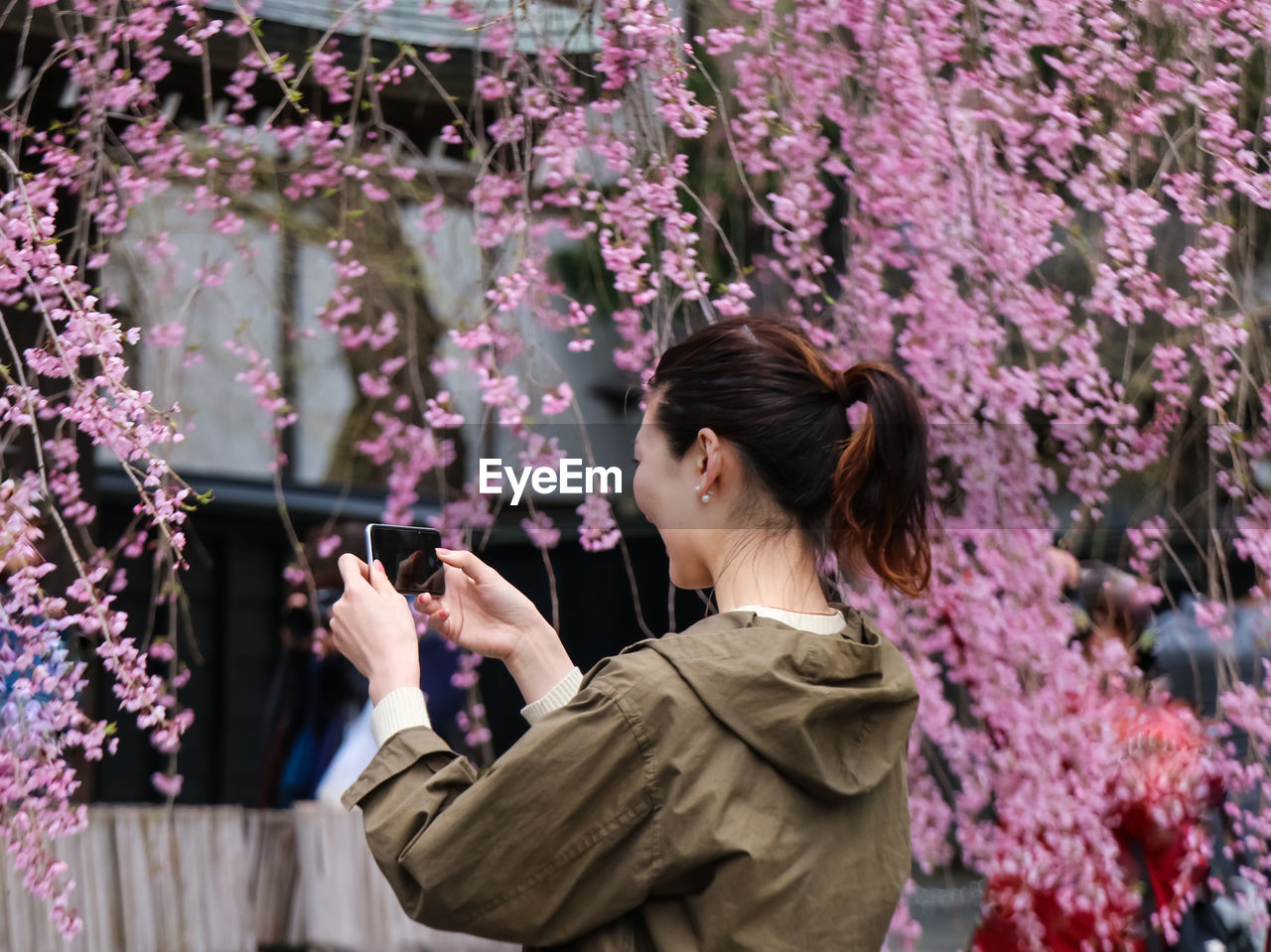 YOUNG WOMAN USING PHONE IN PARK