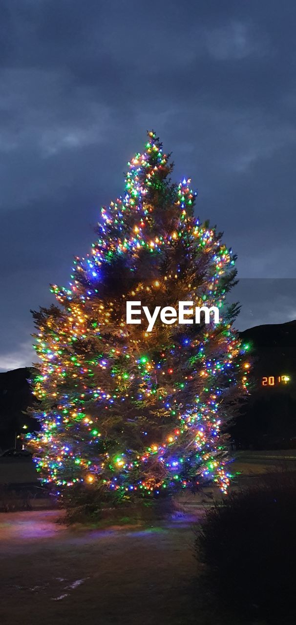ILLUMINATED CHRISTMAS TREE AGAINST SKY AT NIGHT DURING AUTUMN