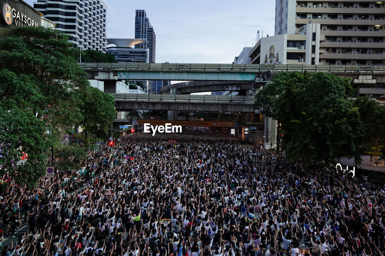 Thousands of pro-democracy protesters gathered at ratchaprasong intersection in bangkok, thailand.