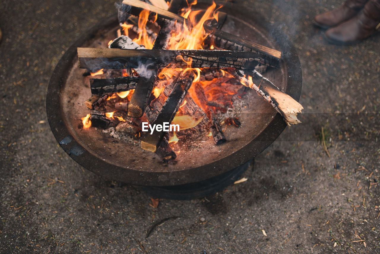 High angle view of bonfire