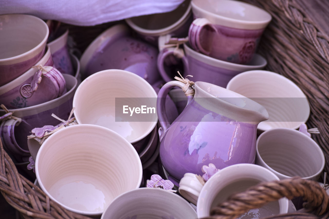 High angle view of cups for sale at market