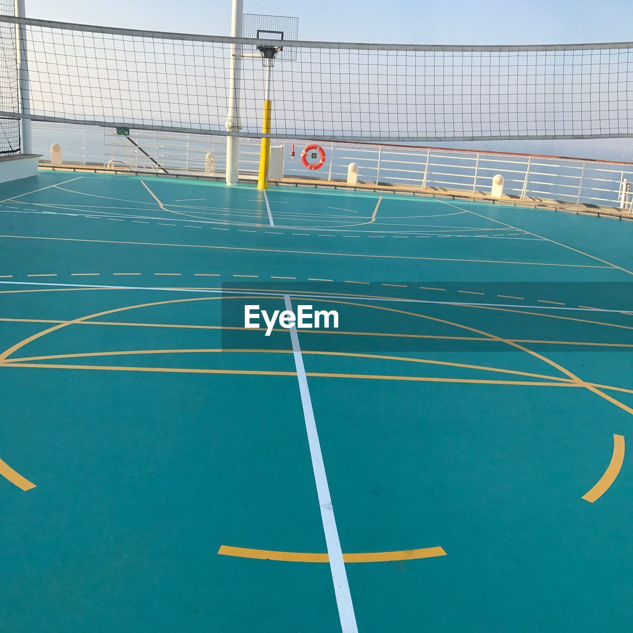 View of basketball court on nautical vessel against sky