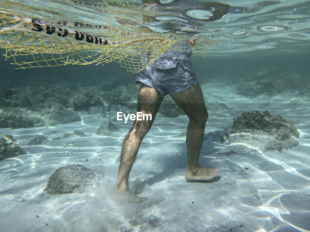 Low section of man with fishing net undersea