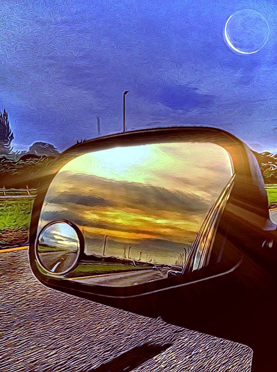 sky, transportation, mode of transportation, motor vehicle, car, sunset, nature, vehicle, cloud, reflection, land vehicle, mirror, automotive mirror, rear-view mirror, no people, outdoors, travel, glass, land