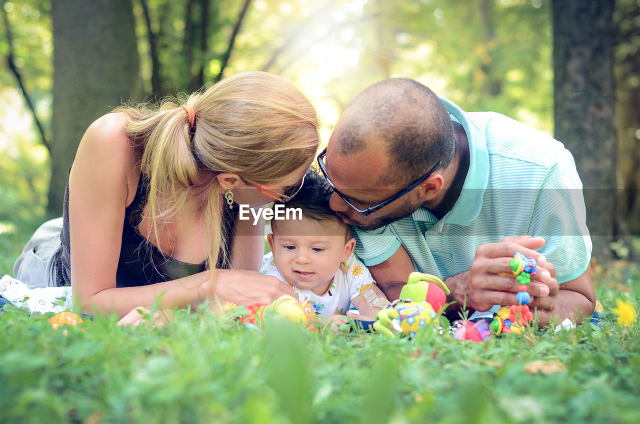 Close-up of happy family in park