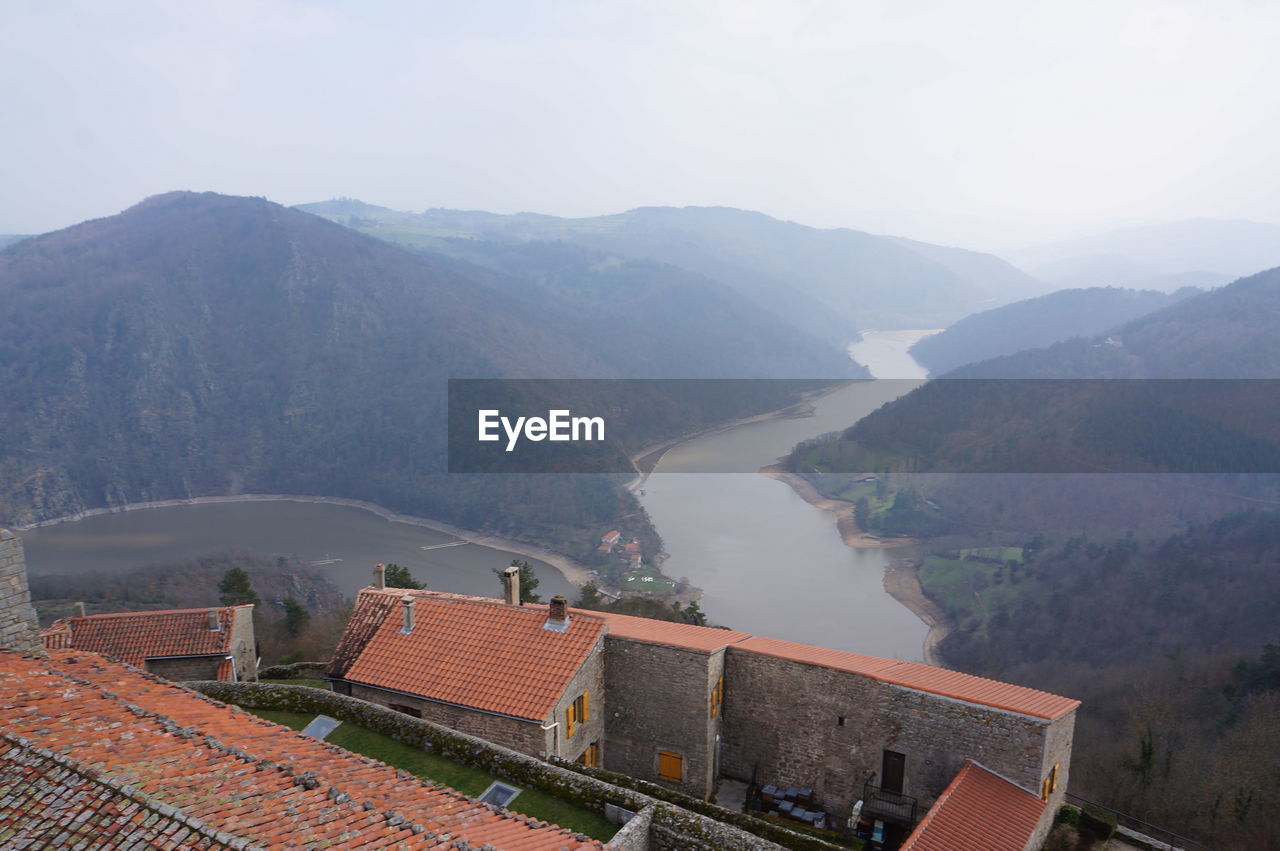 High angle view of mountains against clear sky