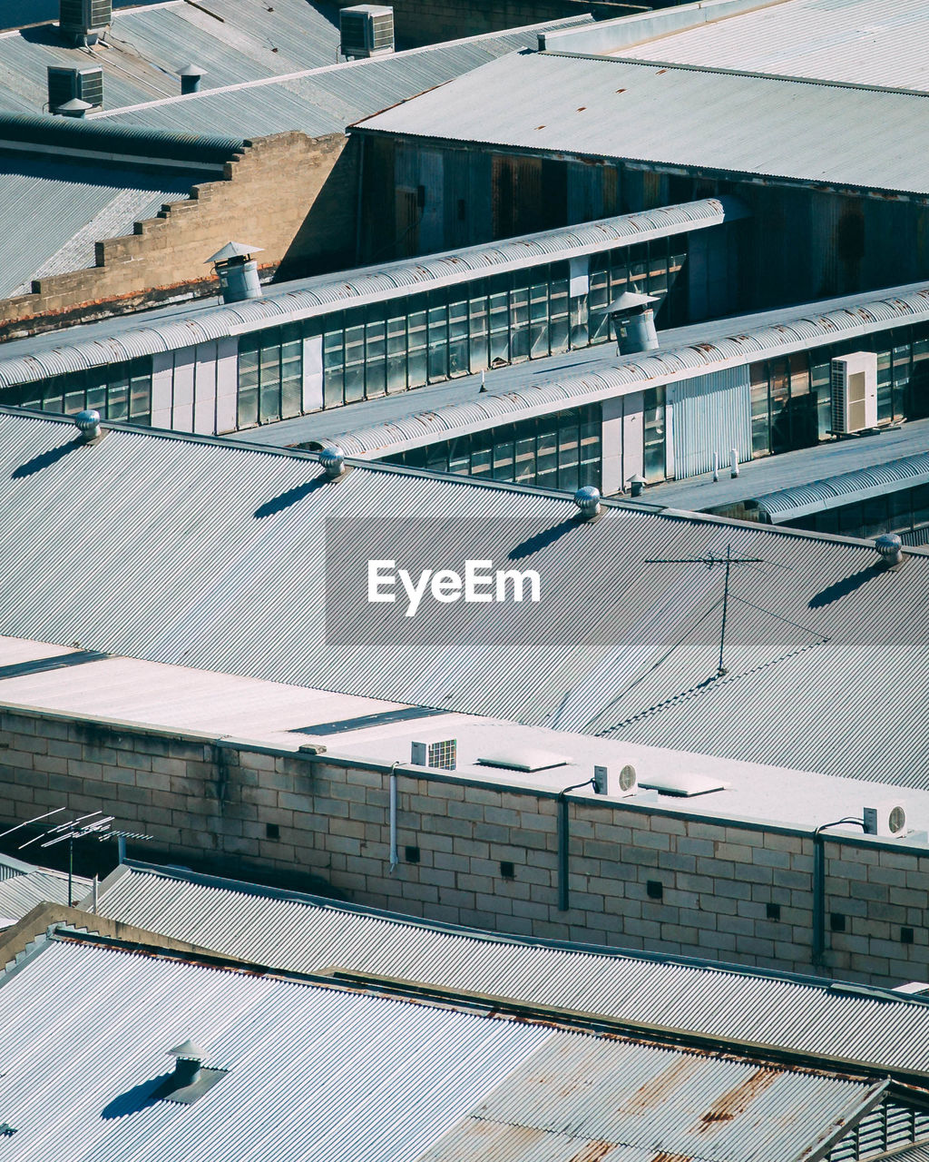 High angle view of modern buildings in city