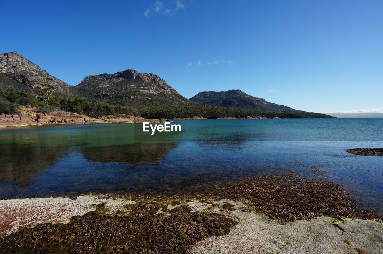 Scenic view of sea against clear blue sky