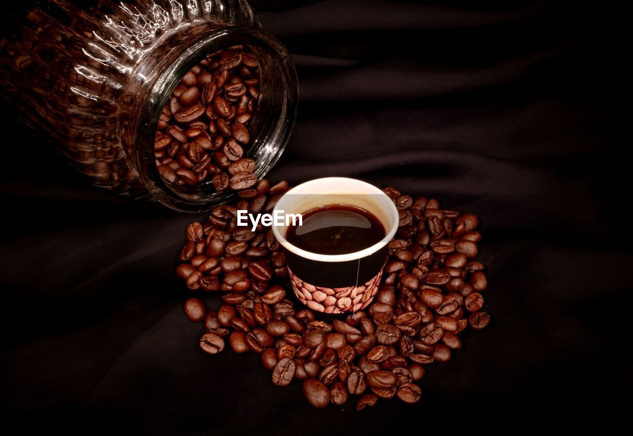 high angle view of coffee beans on table