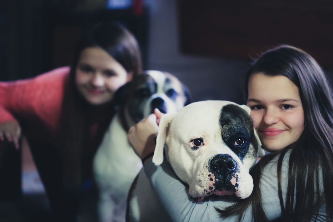 Portrait of cute smiling girls with dogs at home