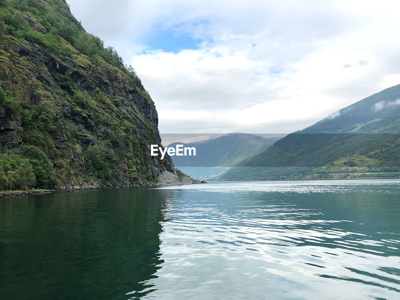 Scenic view of lake by mountains against sky