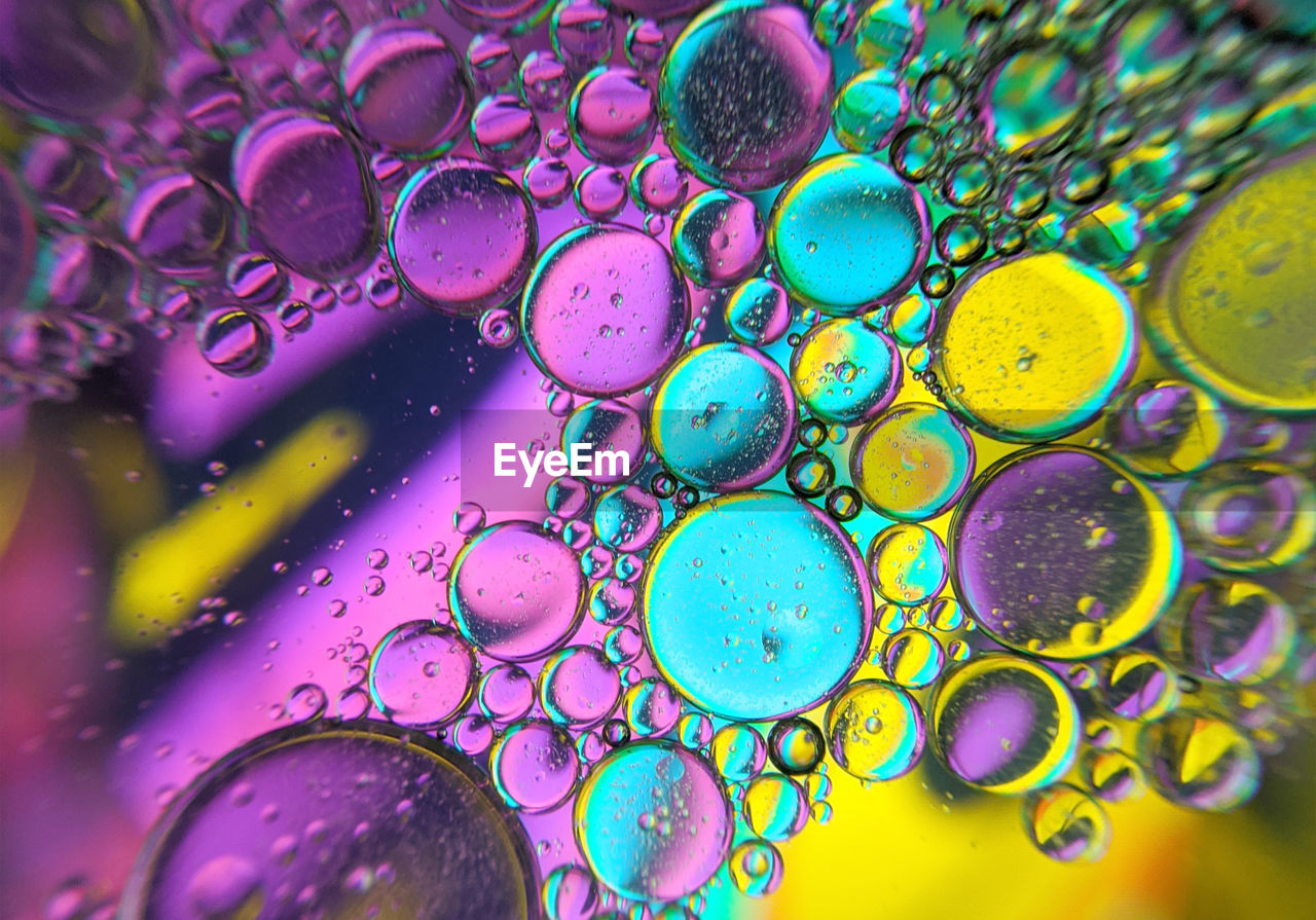 Colorful bubbles abstract background, oil bubbles in transparent liquid backdrop