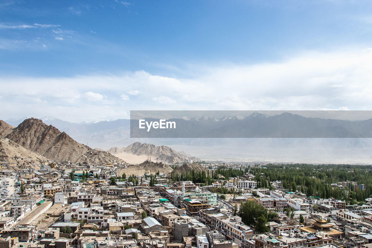 Landscape of leh-ladakh city with blue sky, northern india. it is located in the indian himalayas.