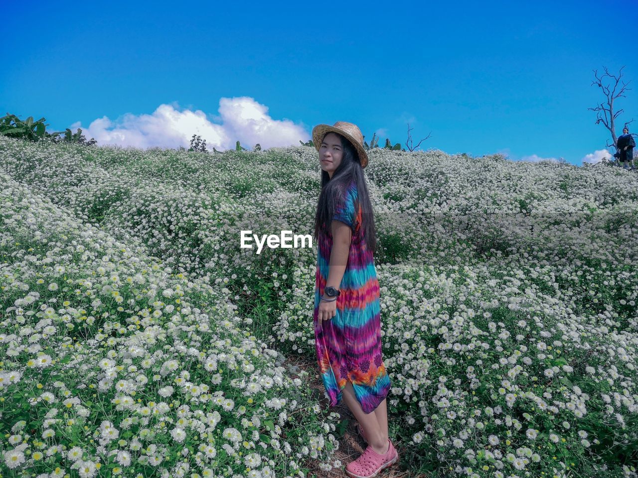 Portrait of smiling young woman standing amidst flowering plants on land