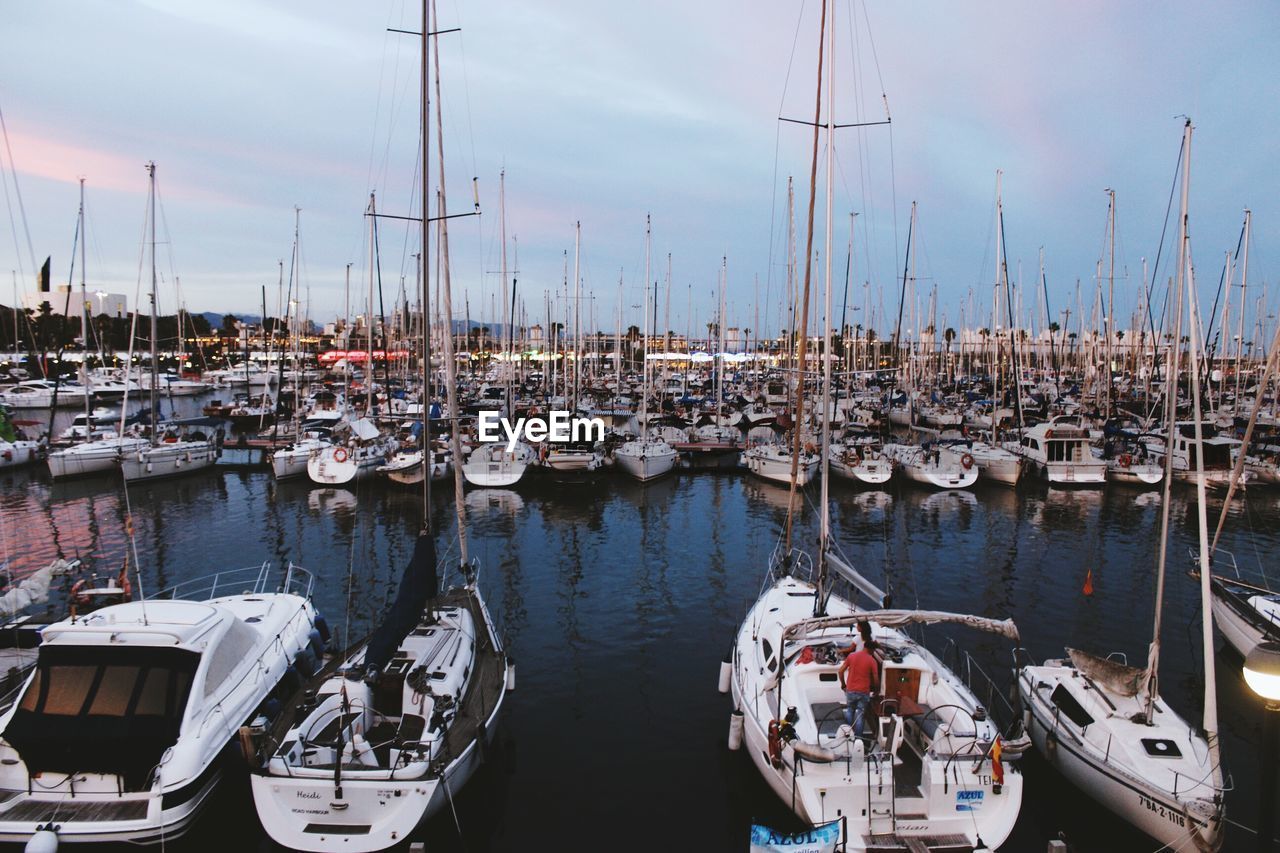 Sailboats moored at harbor against sky