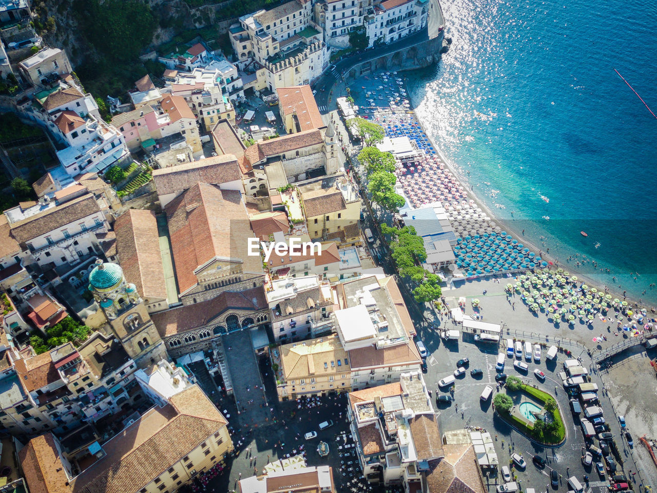 Aerial view of the cathedral and the city of amalfi, italy