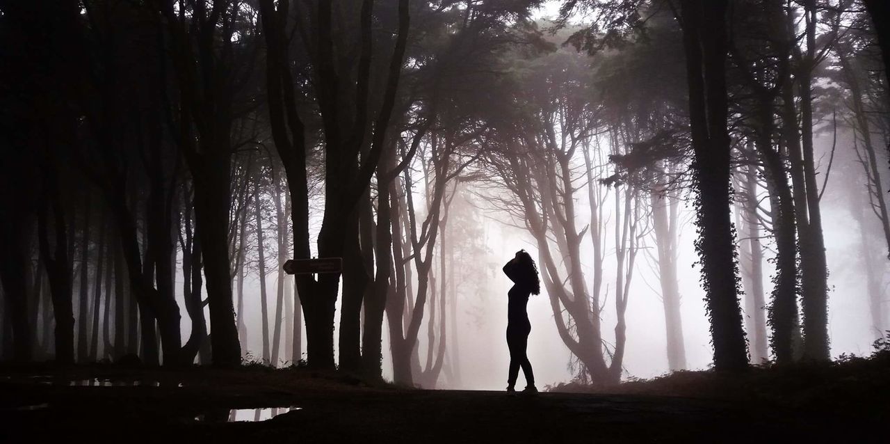 Silhouette woman standing in forest during foggy weather