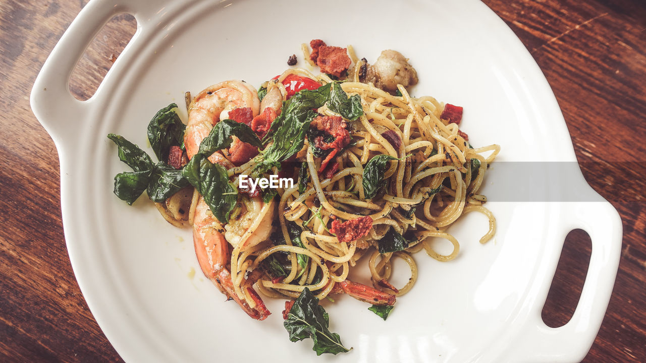 High angle view of spicy spaghetti served in plate