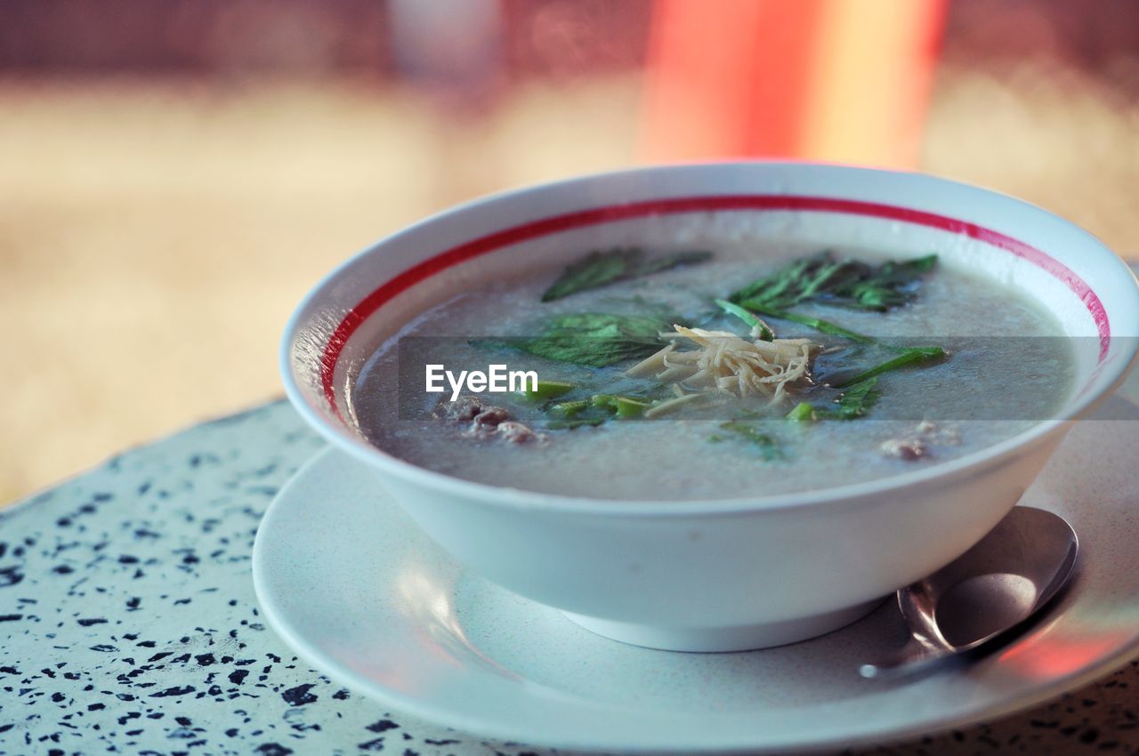 Close-up of soup in bowl, congee, chinese food in the morning 