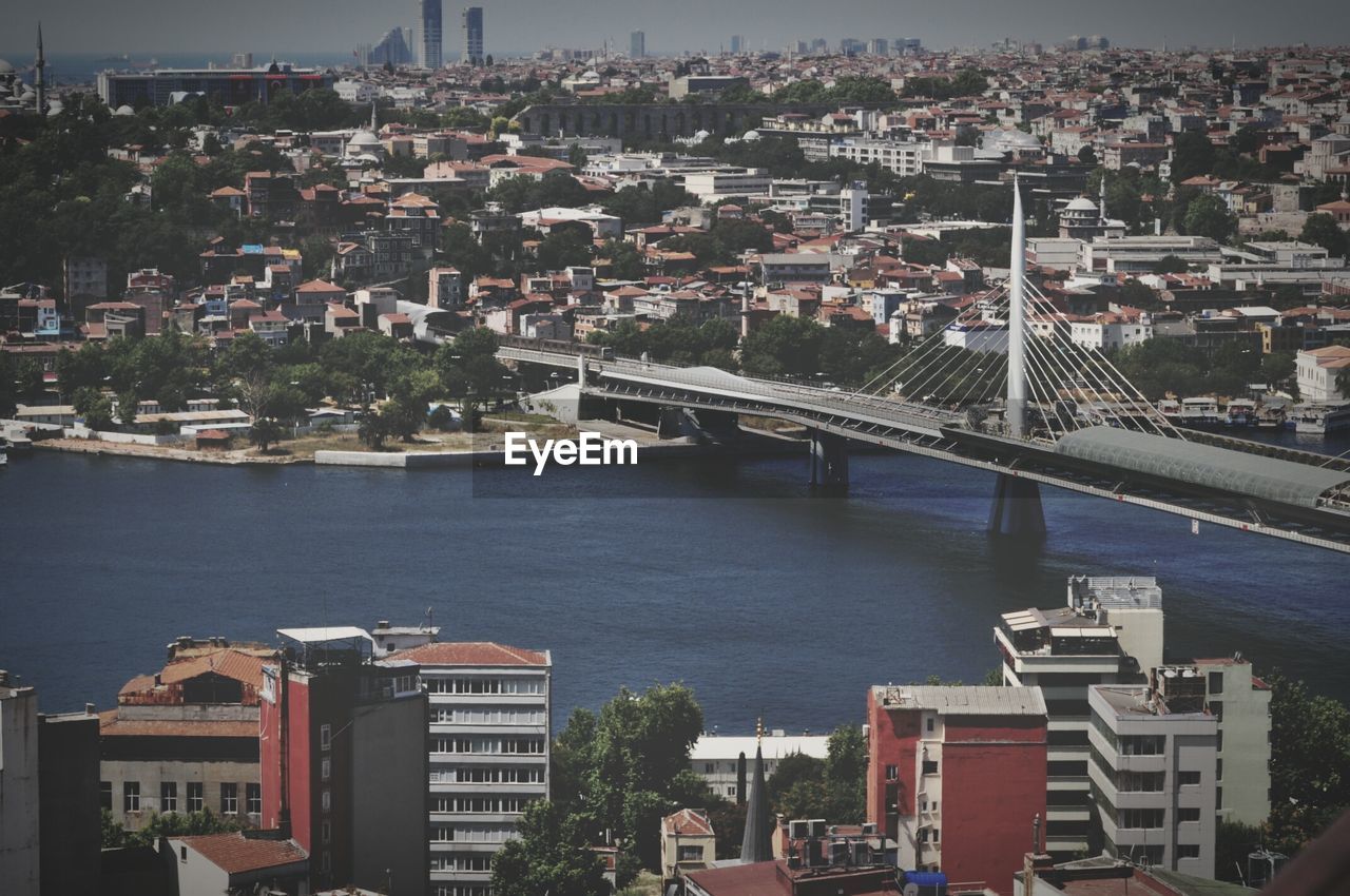 High angle view of golden horn metro bridge and cityscape