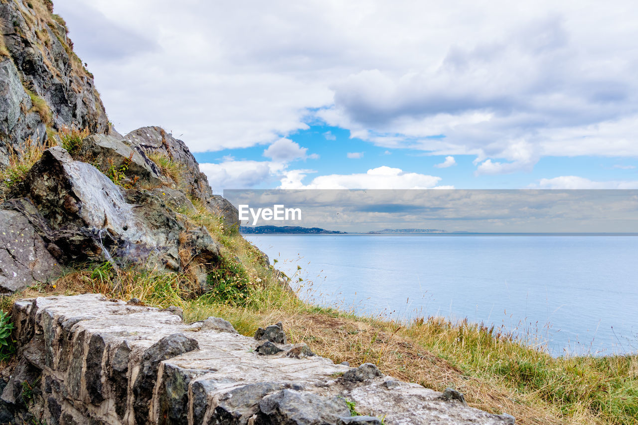 SCENIC VIEW OF SEA BY ROCKS AGAINST SKY