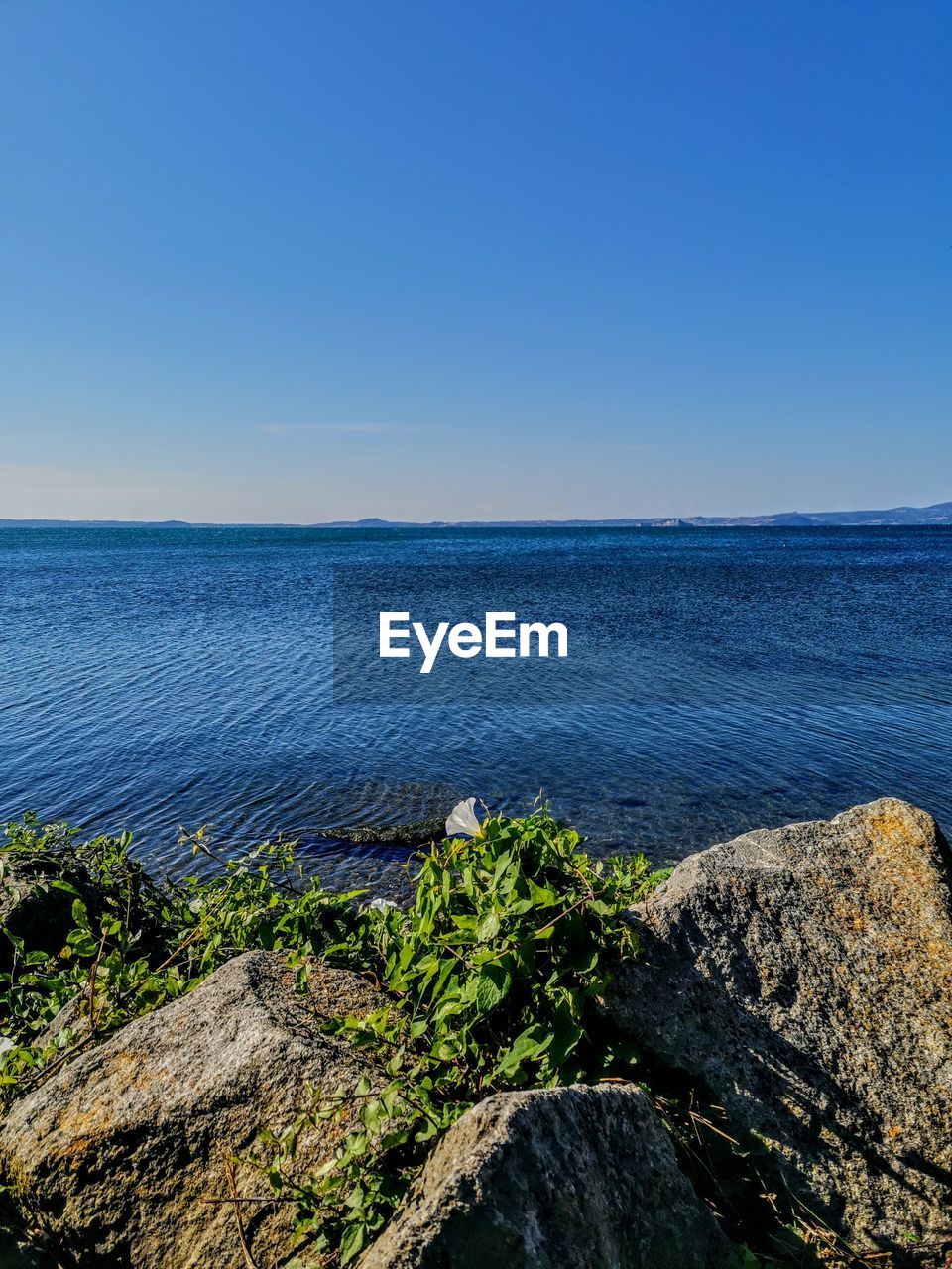 Scenic view of sea against clear blue sky