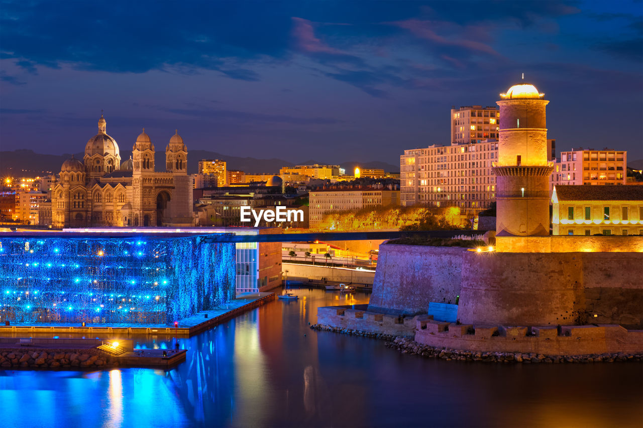 Marseille old port and fort saint-jean in night. france