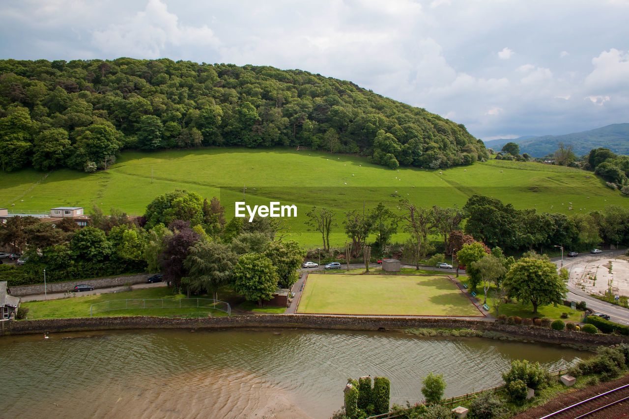 High angle view of trees on landscape against sky