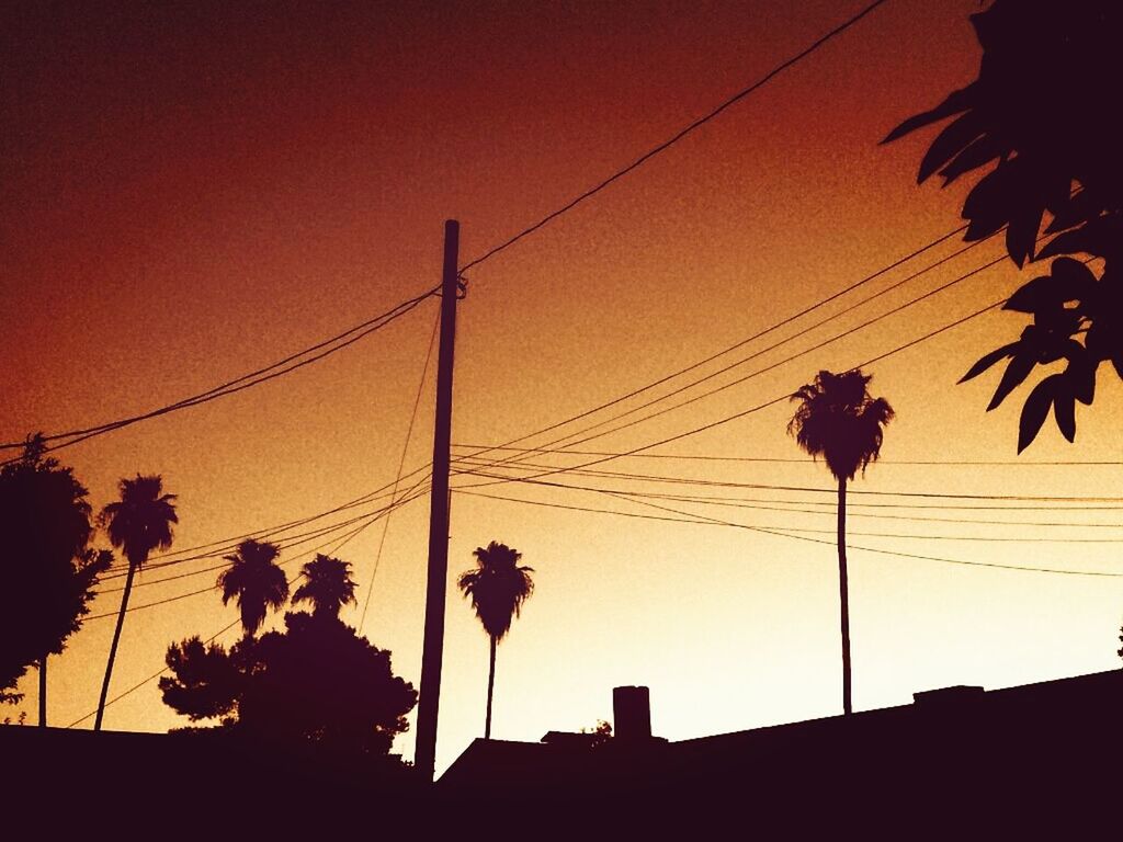 Silhouette palm trees and electricity pylon against clear orange sky