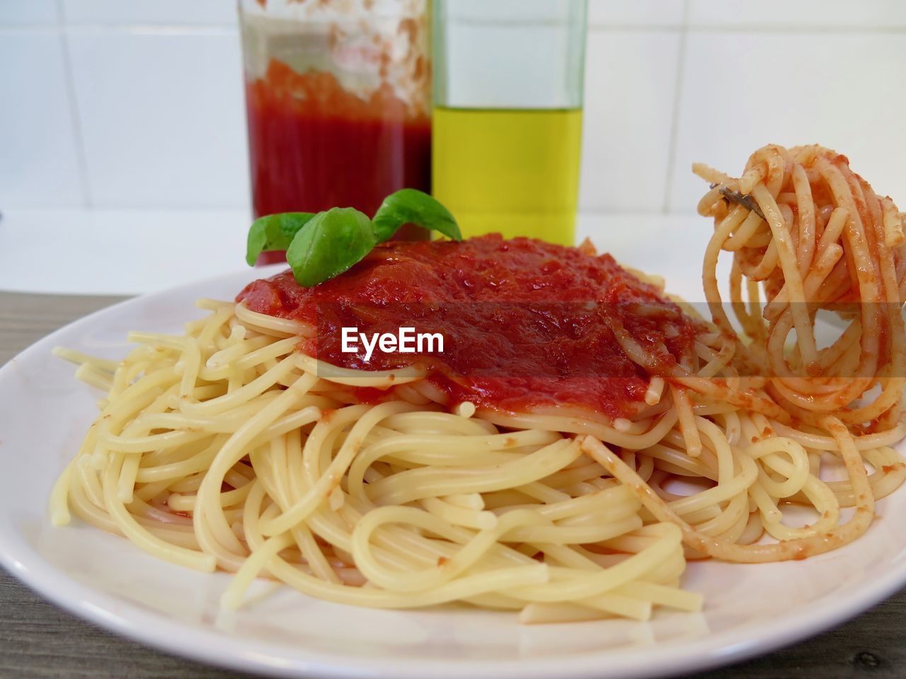 Close-up of noodles in plate on table